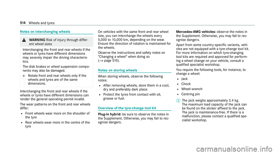 MERCEDES-BENZ GLC COUPE 2019 Owners Manual Note
s on inter changing wheels &
WARNING Risk of inju rythro ugh dif fer‐
ent wheel sizes
Inter changing the front and rear wheels if the
wheels or tyres ha vediffere nt dimensions
may se verely im MERCEDES-BENZ GLC COUPE 2019 Owners Manual Note
s on inter changing wheels &
WARNING Risk of inju rythro ugh dif fer‐
ent wheel sizes
Inter changing the front and rear wheels if the
wheels or tyres ha vediffere nt dimensions
may se verely im