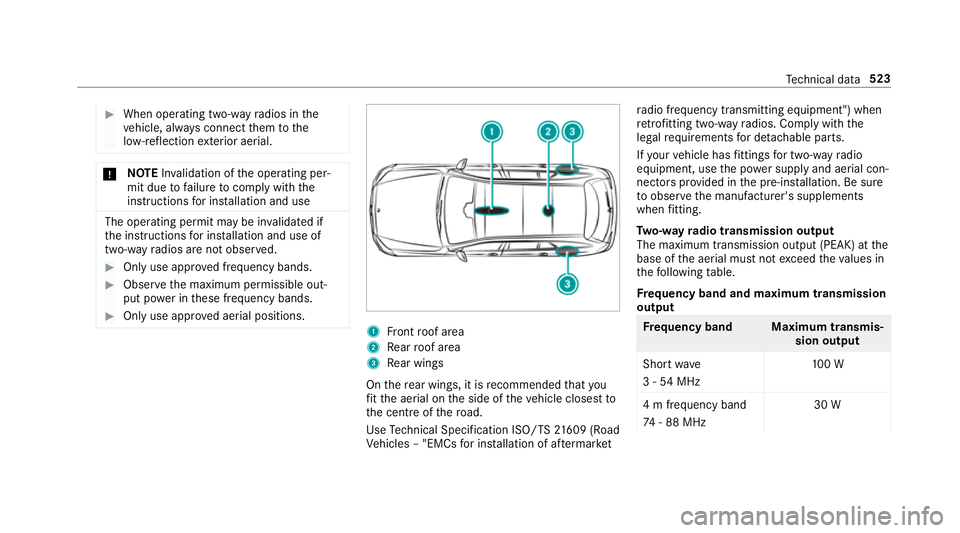 MERCEDES-BENZ GLC COUPE 2019 Owners Manual #
When operating two-w ayradios in the
ve hicle, alw ays connect them tothe
lo w- reflection exterior aerial. *
NO
TEInva lidation of the operating per‐
mit due tofailure tocomply wi th the
instruct MERCEDES-BENZ GLC COUPE 2019 Owners Manual #
When operating two-w ayradios in the
ve hicle, alw ays connect them tothe
lo w- reflection exterior aerial. *
NO
TEInva lidation of the operating per‐
mit due tofailure tocomply wi th the
instruct
