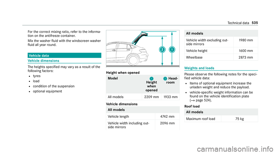 MERCEDES-BENZ GLC COUPE 2019 Owners Manual Fo
rth e cor rect mixing ratio, referto the informa‐
tion on the antif reeze conta iner.
Mix thewa sher fluid with the windscreen washer
fl uid all year round. Ve
hicle data Ve
hicle dimensions The MERCEDES-BENZ GLC COUPE 2019 Owners Manual Fo
rth e cor rect mixing ratio, referto the informa‐
tion on the antif reeze conta iner.
Mix thewa sher fluid with the windscreen washer
fl uid all year round. Ve
hicle data Ve
hicle dimensions The