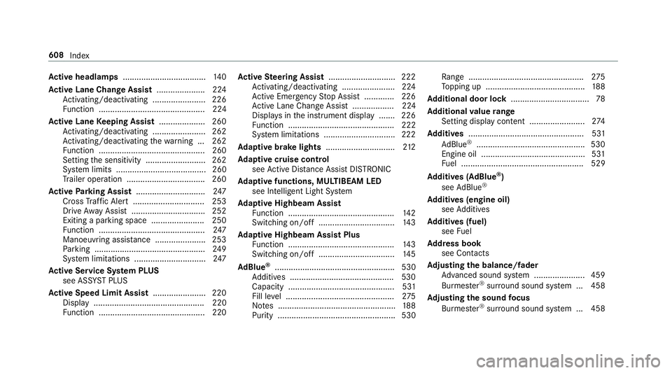 MERCEDES-BENZ GLC COUPE 2019 Owners Manual Ac
tive headlamps .................................... 14 0
Ac tive Lane Change Assi st..................... 224
Ac tivating/deactivating ...................... .226
Fu nction ........................ MERCEDES-BENZ GLC COUPE 2019 Owners Manual Ac
tive headlamps .................................... 14 0
Ac tive Lane Change Assi st..................... 224
Ac tivating/deactivating ...................... .226
Fu nction ........................