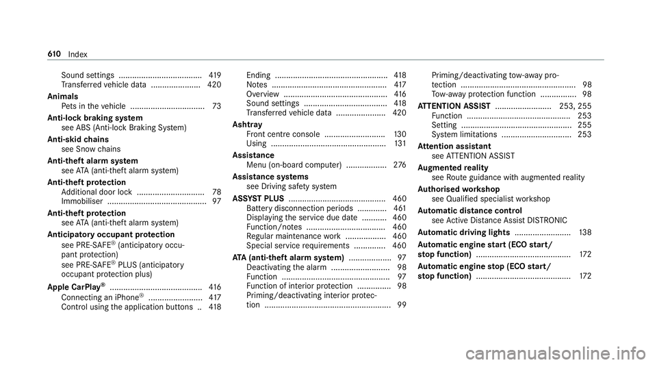 MERCEDES-BENZ GLC COUPE 2019  Owners Manual Sound settings .....................................
419
Tr ans ferred vehicle data ......................4 20
Animals Pets in theve hicle ................................. 73
Anti-lock braking sy ste
