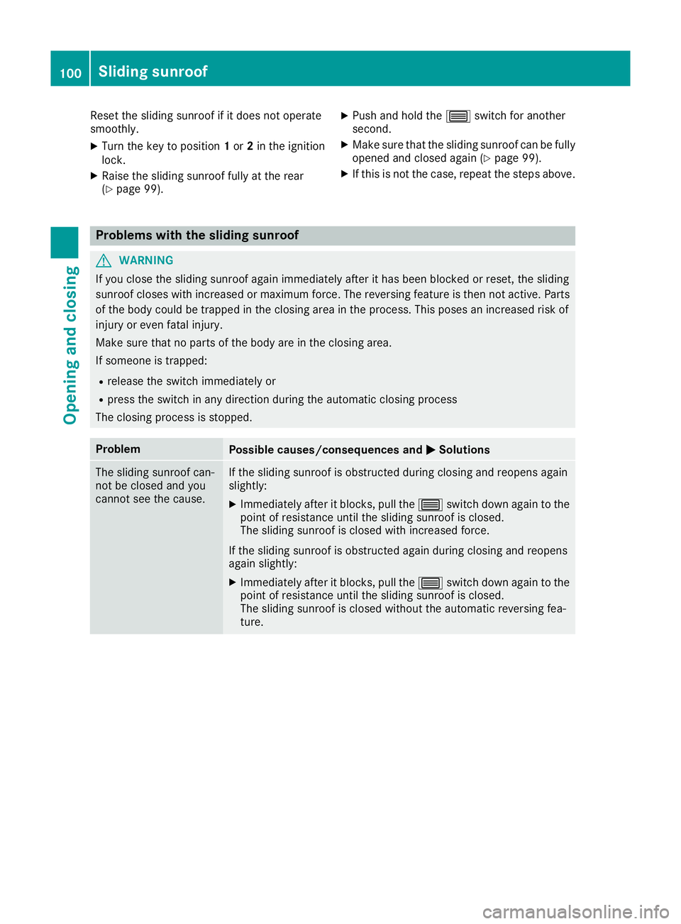 MERCEDES-BENZ GLC COUPE 2016 Owners Manual Reset the sliding sunroof if it does not operate
smoothly.
X Turn the key to position 1or 2in the ignition
lock.
X Raise the sliding sunroof fully at the rear
(Y page 99). X
Push and hold the 3switch MERCEDES-BENZ GLC COUPE 2016 Owners Manual Reset the sliding sunroof if it does not operate
smoothly.
X Turn the key to position 1or 2in the ignition
lock.
X Raise the sliding sunroof fully at the rear
(Y page 99). X
Push and hold the 3switch