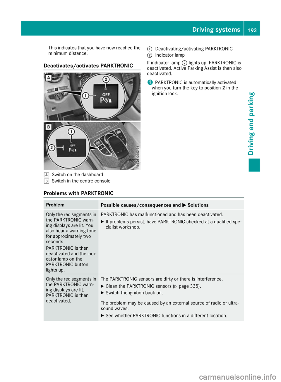 MERCEDES-BENZ GLC COUPE 2016 Owners Manual This indicates that you have now reached the
minimum distance.
Deactivates/activates PARKTRONIC d
Switch on the dashboard
e Switch in the centre console :
Deactivating/activating PARKTRONIC
; Indicato MERCEDES-BENZ GLC COUPE 2016 Owners Manual This indicates that you have now reached the
minimum distance.
Deactivates/activates PARKTRONIC d
Switch on the dashboard
e Switch in the centre console :
Deactivating/activating PARKTRONIC
; Indicato