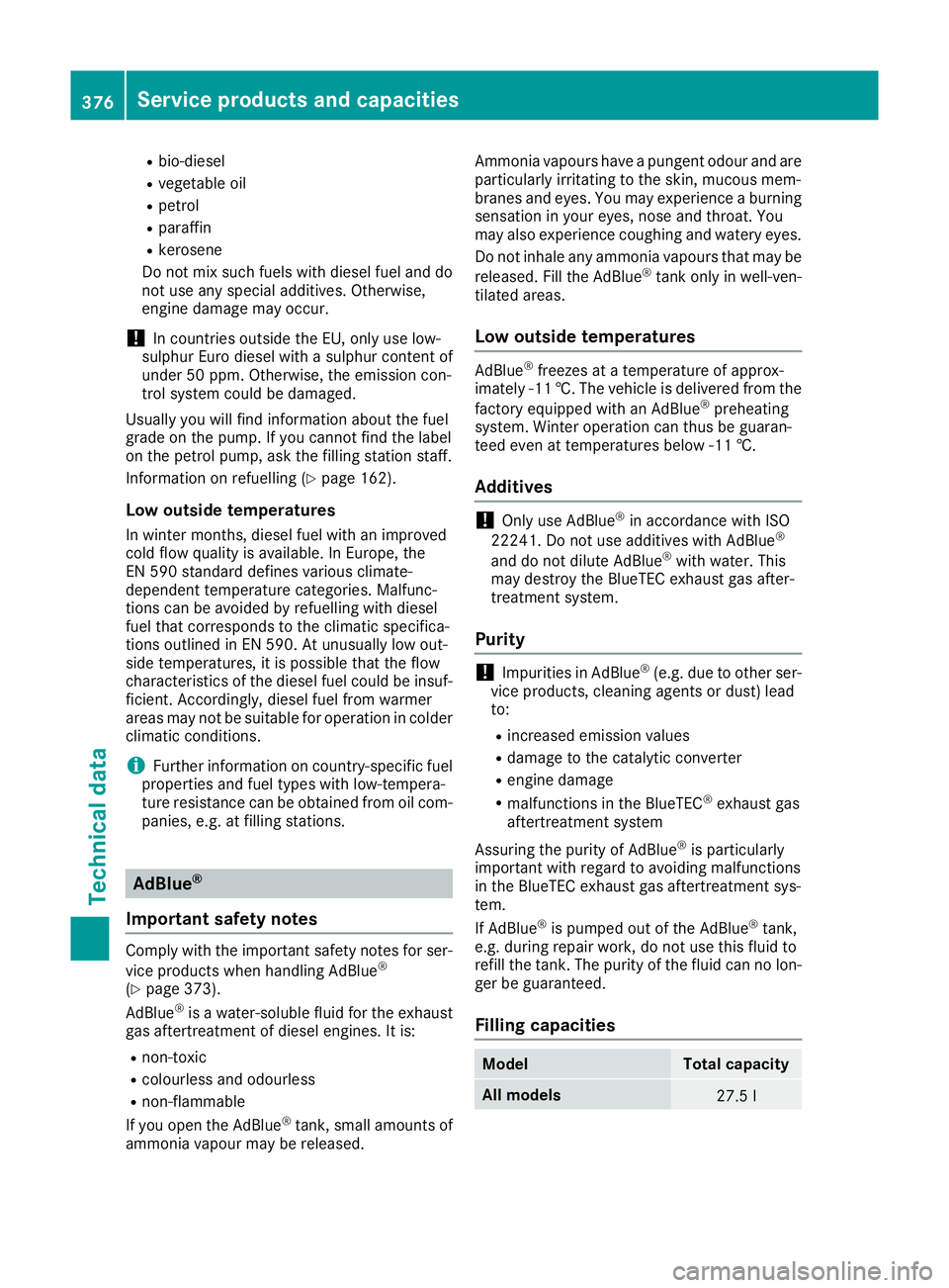 MERCEDES-BENZ GLC COUPE 2016 Owners Manual R
bio-diesel
R vegetable oil
R petrol
R paraffin
R kerosene
Do not mix such fuels with diesel fuel and do
not use any special additives. Otherwise,
engine damage may occur.
! In countries outside the MERCEDES-BENZ GLC COUPE 2016 Owners Manual R
bio-diesel
R vegetable oil
R petrol
R paraffin
R kerosene
Do not mix such fuels with diesel fuel and do
not use any special additives. Otherwise,
engine damage may occur.
! In countries outside the