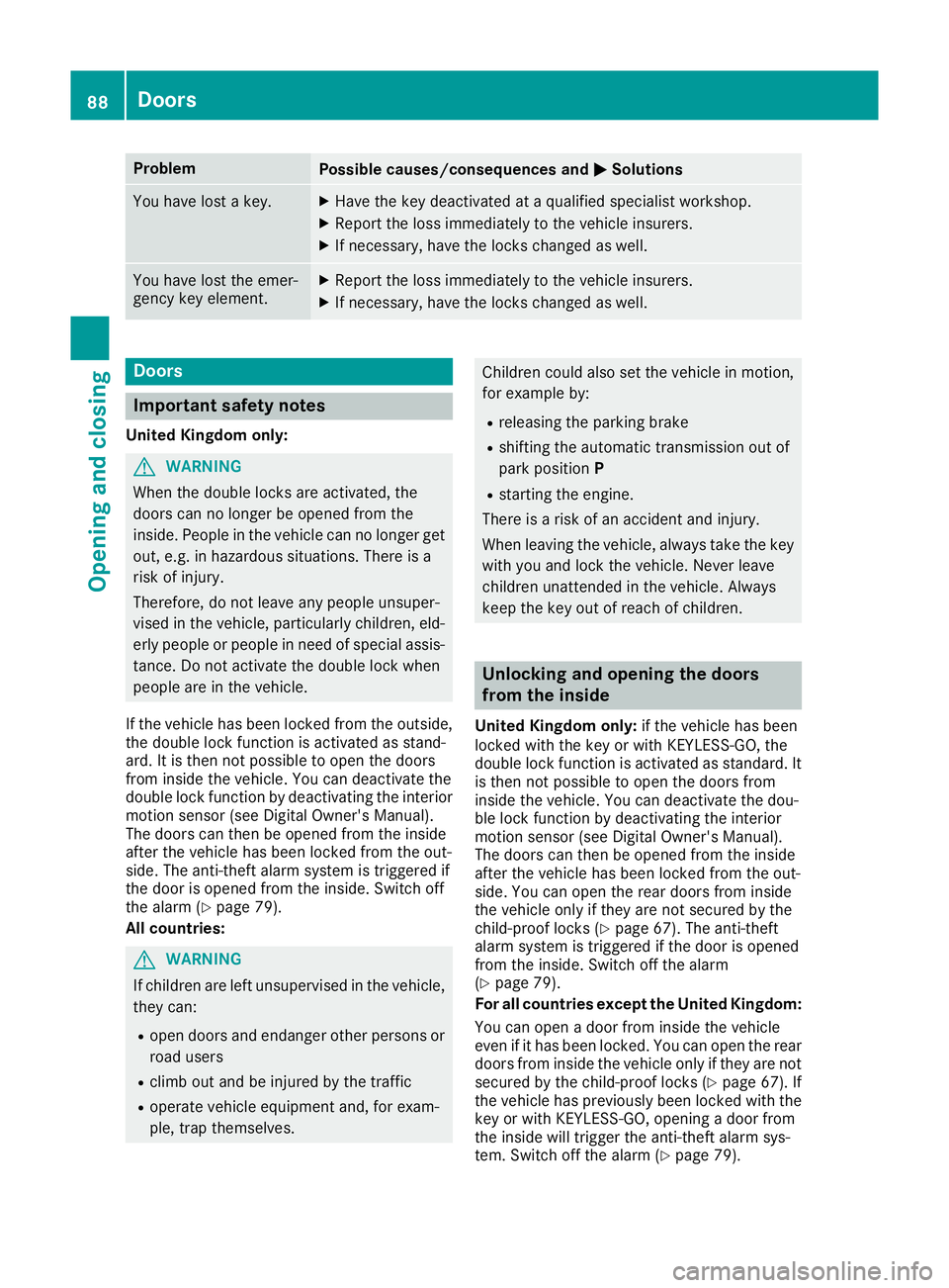 MERCEDES-BENZ GLC COUPE 2016 Owners Manual Problem
Possible causes/consequences and
M
MSolutions You have lost a key. X
Have the key deactivated at a qualified specialist workshop.
X Report the loss immediately to the vehicle insurers.
X If ne MERCEDES-BENZ GLC COUPE 2016 Owners Manual Problem
Possible causes/consequences and
M
MSolutions You have lost a key. X
Have the key deactivated at a qualified specialist workshop.
X Report the loss immediately to the vehicle insurers.
X If ne