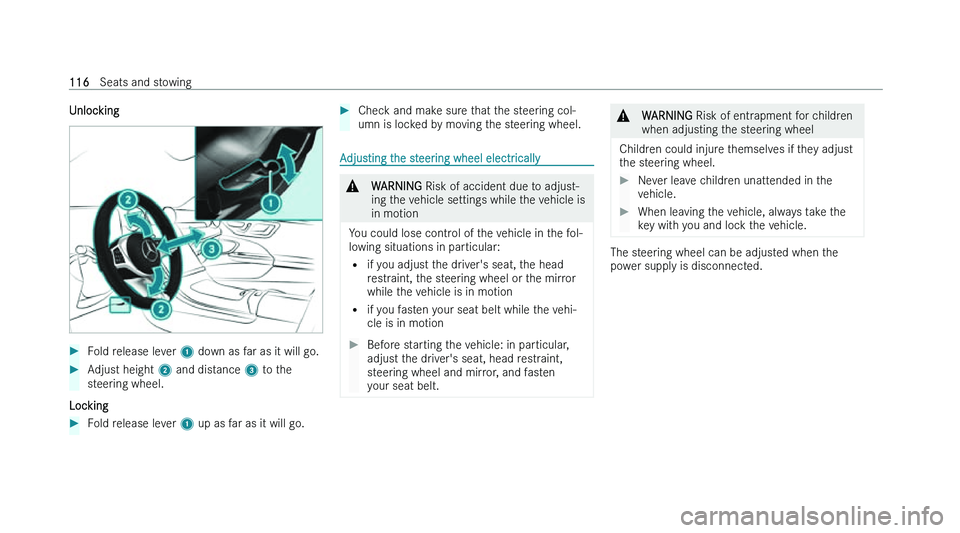 MERCEDES-BENZ GLC SUV 2022  Owners Manual �U�n�l�o�c�k�i�n�g
�
�F�o�l�d� �r�e�l�e�a�s�e� �l�e�v�e�r�  �1� �d�o �w�n� �a�s� �f�a�r� �a�s� �i�t� �w�i�l�l� �g�o�.�
�A�d�j�u�s�t� �h�e�i�g�h�t� �2� �a�n�d� �d�i�s
 �t�a�n�c�e� �3� �t�o� �t�h�e
�s