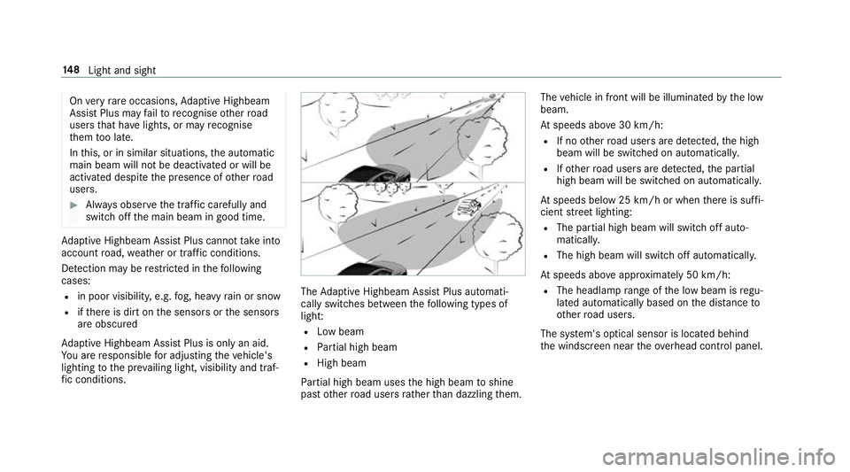 MERCEDES-BENZ GLC SUV 2019 Owners Manual On
very rare occasions, Adaptive Highbeam
Assist Plus may failto recognise other road
users that ha velights, or may recognise
th em too late.
In this, or in similar situations, the automatic
main bea MERCEDES-BENZ GLC SUV 2019 Owners Manual On
very rare occasions, Adaptive Highbeam
Assist Plus may failto recognise other road
users that ha velights, or may recognise
th em too late.
In this, or in similar situations, the automatic
main bea