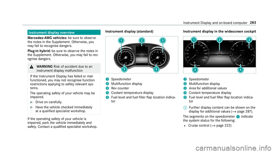 MERCEDES-BENZ GLC SUV 2019  Owners Manual Instrument display
overview
Mercedes-AMG vehicles: be sure toobser ve
th e no tes in the Supplement. Otherwise, you
may failto recognise dangers.
Plug-in hybrid: be sure toobser vethe no tes in
th e S