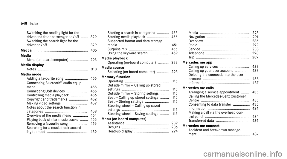 MERCEDES-BENZ GLC SUV 2019 Owners Manual Switching
there ading light forthe
driver and front passenger on/off .......3 29
Switching the sear chlight forthe
driver on/off .......................................3 29
Mecca ..................... MERCEDES-BENZ GLC SUV 2019 Owners Manual Switching
there ading light forthe
driver and front passenger on/off .......3 29
Switching the sear chlight forthe
driver on/off .......................................3 29
Mecca .....................