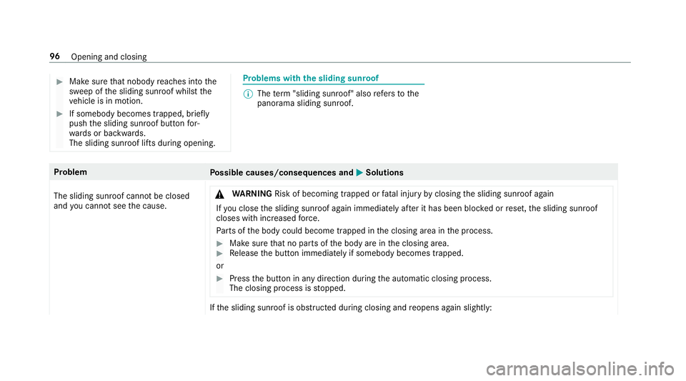 MERCEDES-BENZ GLC SUV 2019 Owners Manual #
Make sure that nobody reaches into the
sweep of the sliding sunroof whilst the
ve hicle is in motion. #
If somebody becomes trapped, briefly
push the sliding sunroof button for‐
wa rds or backward MERCEDES-BENZ GLC SUV 2019 Owners Manual #
Make sure that nobody reaches into the
sweep of the sliding sunroof whilst the
ve hicle is in motion. #
If somebody becomes trapped, briefly
push the sliding sunroof button for‐
wa rds or backward