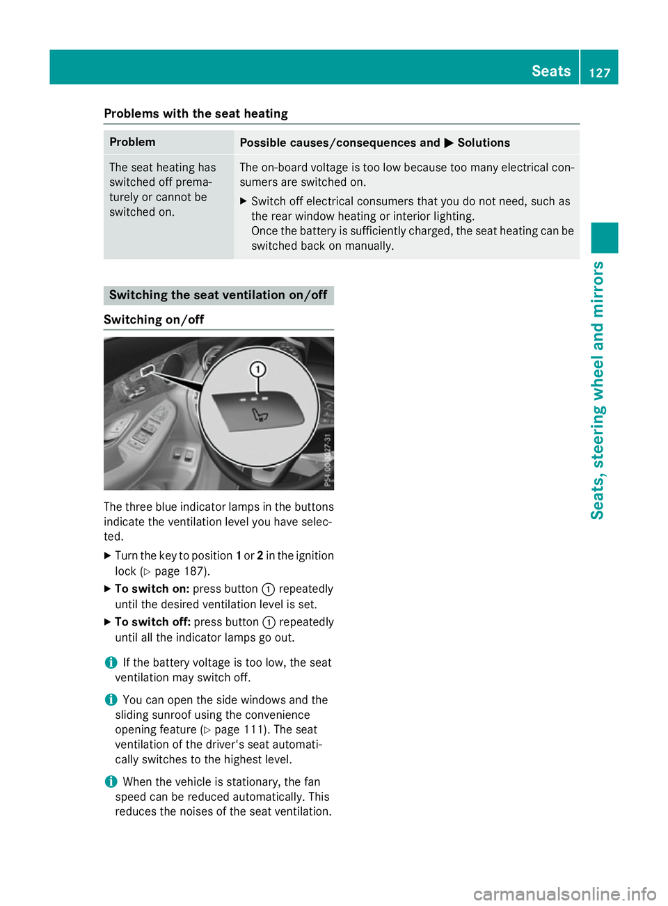 MERCEDES-BENZ GLC SUV 2015 Owners Manual Problems with the seat heating
Problem
Possible causes/consequences and
M
MSolutions The seat heating has
switched off prema-
turely or cannot be
switched on. The on-board voltage is too low because t MERCEDES-BENZ GLC SUV 2015 Owners Manual Problems with the seat heating
Problem
Possible causes/consequences and
M
MSolutions The seat heating has
switched off prema-
turely or cannot be
switched on. The on-board voltage is too low because t