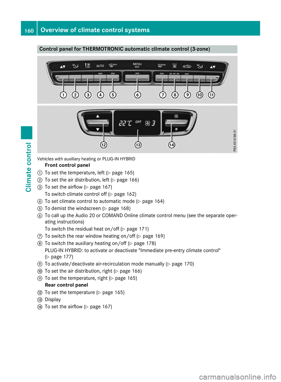 MERCEDES-BENZ GLC SUV 2015 Owners Manual Control panel for THERMOTRONIC automatic climate control (3-zone)
Vehicles with auxiliary heating or PLUG-IN HYBRID
Front control panel
: To set the temperature, left (Y page 165)
; To set the air dis MERCEDES-BENZ GLC SUV 2015 Owners Manual Control panel for THERMOTRONIC automatic climate control (3-zone)
Vehicles with auxiliary heating or PLUG-IN HYBRID
Front control panel
: To set the temperature, left (Y page 165)
; To set the air dis