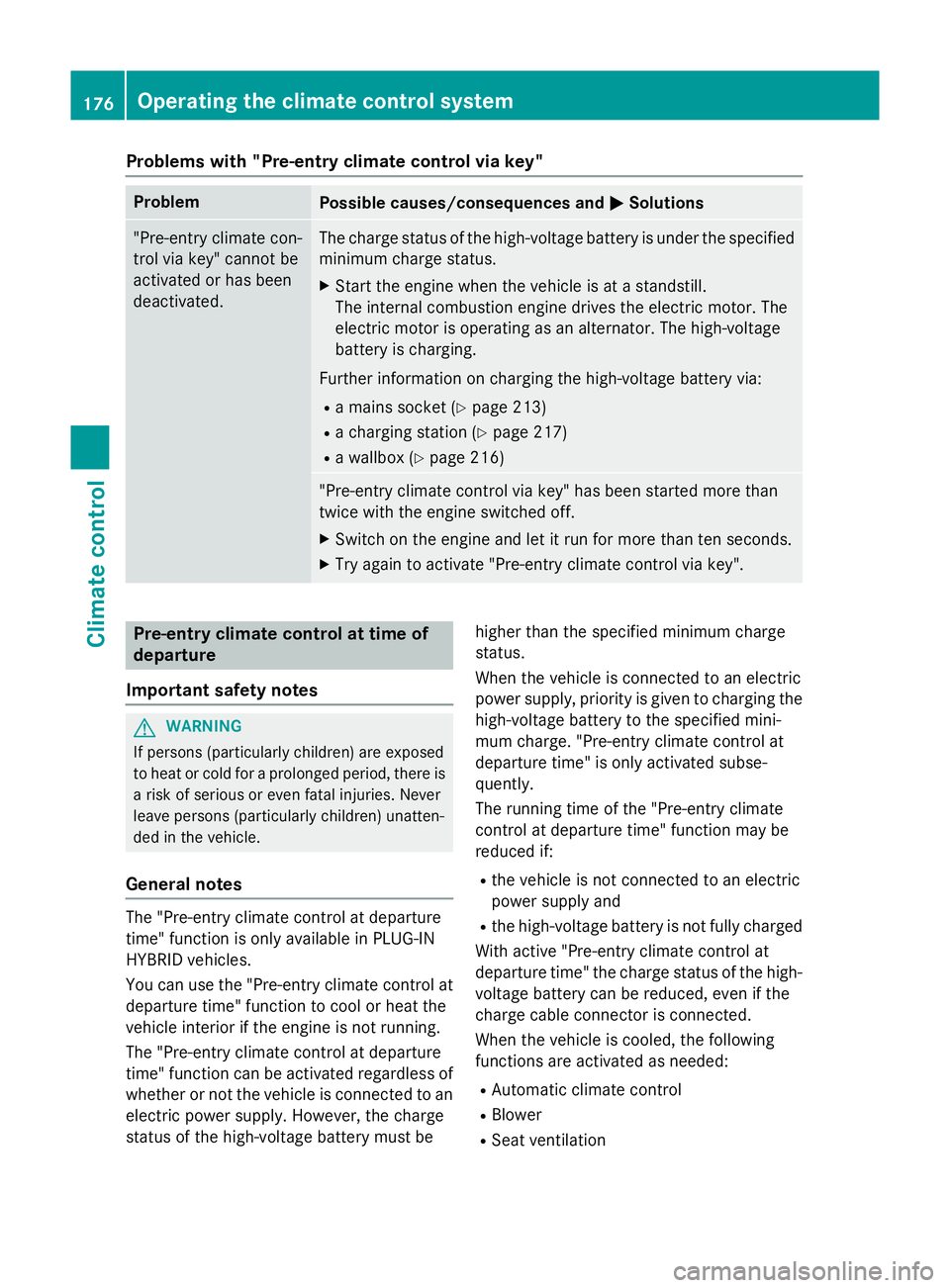 MERCEDES-BENZ GLC SUV 2015 Owners Manual Problems with "Pre-entry climate control via key"
Problem
Possible causes/consequences and
M
MSolutions "Pre-entry climate con-
trol via key" cannot be
activated or has been
deactivate MERCEDES-BENZ GLC SUV 2015 Owners Manual Problems with "Pre-entry climate control via key"
Problem
Possible causes/consequences and
M
MSolutions "Pre-entry climate con-
trol via key" cannot be
activated or has been
deactivate