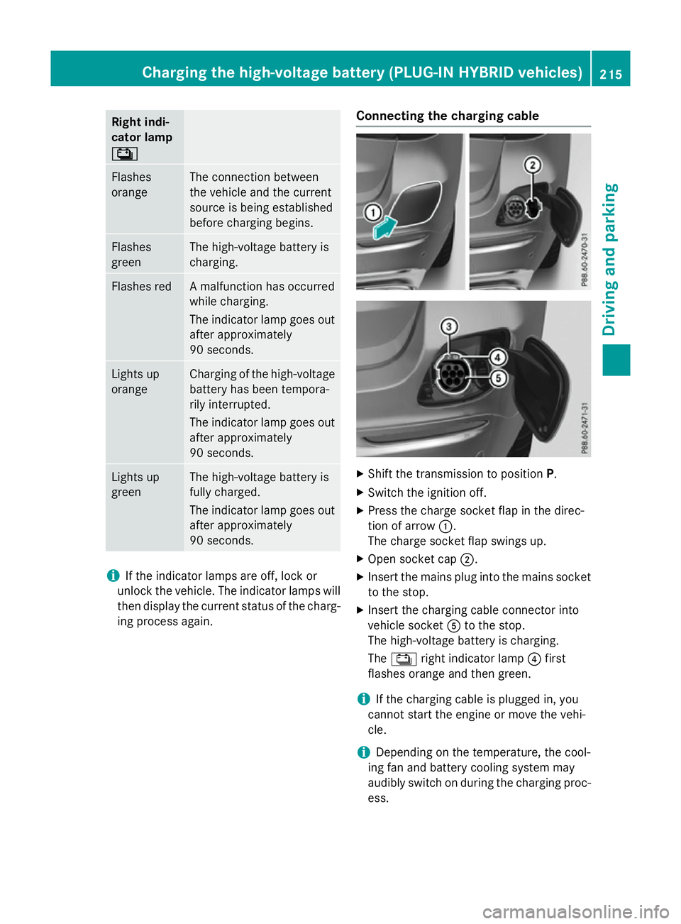 MERCEDES-BENZ GLC SUV 2015 Owners Manual Right indi-
cator lamp
Ý Ý
Flashes
orange The connection between
the vehicle and the current
source is being established
before charging begins.
Flashes
green The high-voltage battery is
charging.
F MERCEDES-BENZ GLC SUV 2015 Owners Manual Right indi-
cator lamp
Ý Ý
Flashes
orange The connection between
the vehicle and the current
source is being established
before charging begins.
Flashes
green The high-voltage battery is
charging.
F