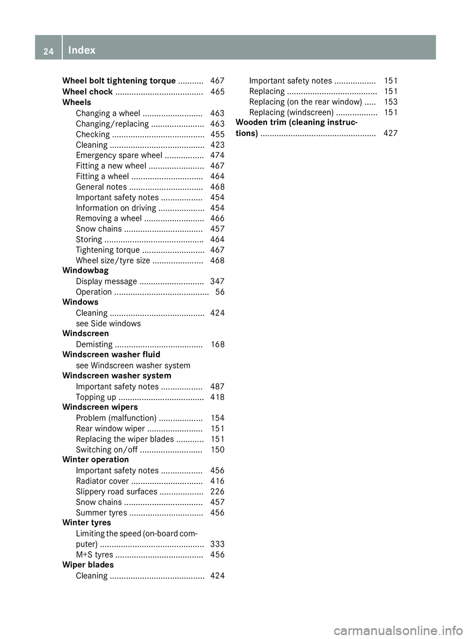 MERCEDES-BENZ GLC SUV 2015 Owners Manual Wheel bolt tightening torque
........... 467
Wheel chock ...................................... 465
Wheels
Changing a wheel .......................... 463
Changing/replacing ....................... 46 MERCEDES-BENZ GLC SUV 2015 Owners Manual Wheel bolt tightening torque
........... 467
Wheel chock ...................................... 465
Wheels
Changing a wheel .......................... 463
Changing/replacing ....................... 46