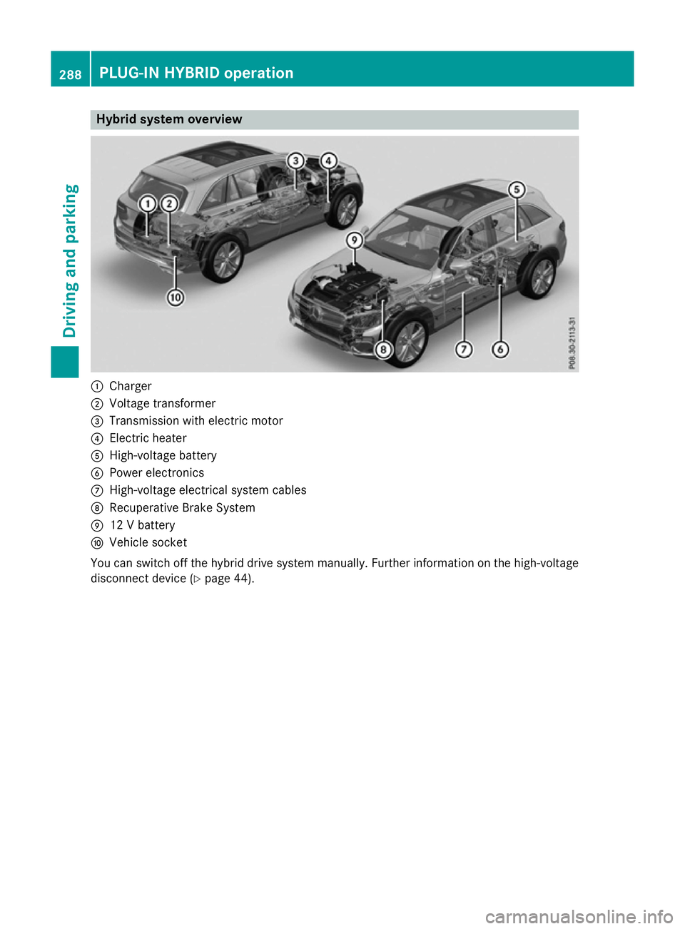 MERCEDES-BENZ GLC SUV 2015  Owners Manual Hybrid system overview
:
Charger
; Voltage transformer
= Transmission with electric motor
? Electric heater
A High-voltage battery
B Power electronics
C High-voltage electrical system cables
D Recuper