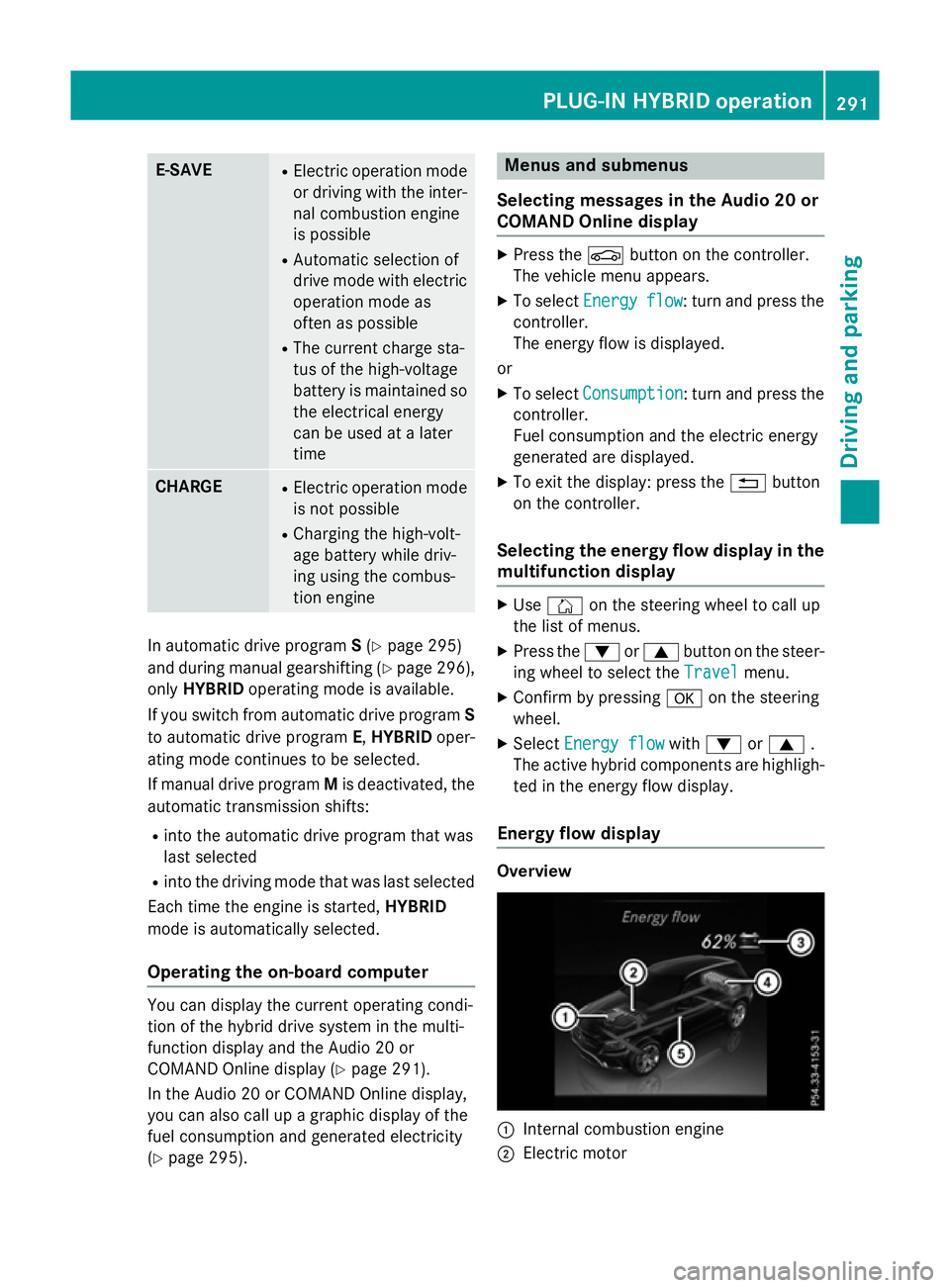 MERCEDES-BENZ GLC SUV 2015  Owners Manual E-SAVE R
Electric operation mode
or driving with the inter- nal combustion engine
is possible
R Automatic selection of
drive mode with electric
operation mode as
often as possible
R The current charge