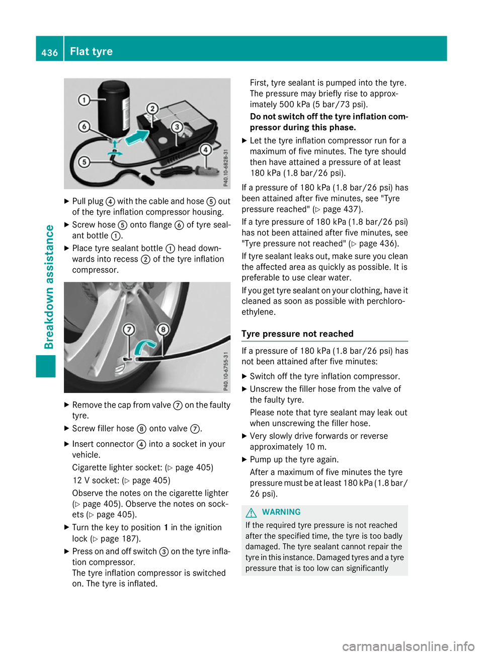 MERCEDES-BENZ GLC SUV 2015 Owners Manual X
Pull plug ?with the cable and hose Aout
of the tyre inflation compressor housing.
X Screw hose Aonto flange Bof tyre seal-
ant bottle :.
X Place tyre sealant bottle :head down-
wards into recess ;of MERCEDES-BENZ GLC SUV 2015 Owners Manual X
Pull plug ?with the cable and hose Aout
of the tyre inflation compressor housing.
X Screw hose Aonto flange Bof tyre seal-
ant bottle :.
X Place tyre sealant bottle :head down-
wards into recess ;of
