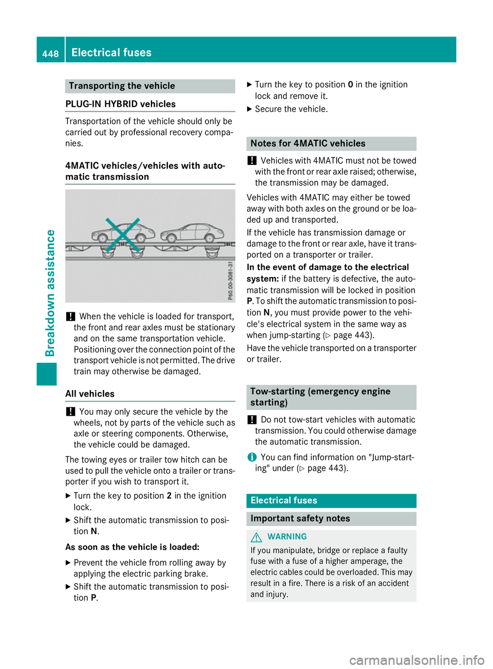 MERCEDES-BENZ GLC SUV 2015 Owners Manual Transporting the vehicle
PLUG-IN HYBRID vehicles Transportation of the vehicle should only be
carried out by professional recovery compa-
nies.
4MATIC vehicles/vehicles with auto-
matic transmission ! MERCEDES-BENZ GLC SUV 2015 Owners Manual Transporting the vehicle
PLUG-IN HYBRID vehicles Transportation of the vehicle should only be
carried out by professional recovery compa-
nies.
4MATIC vehicles/vehicles with auto-
matic transmission !