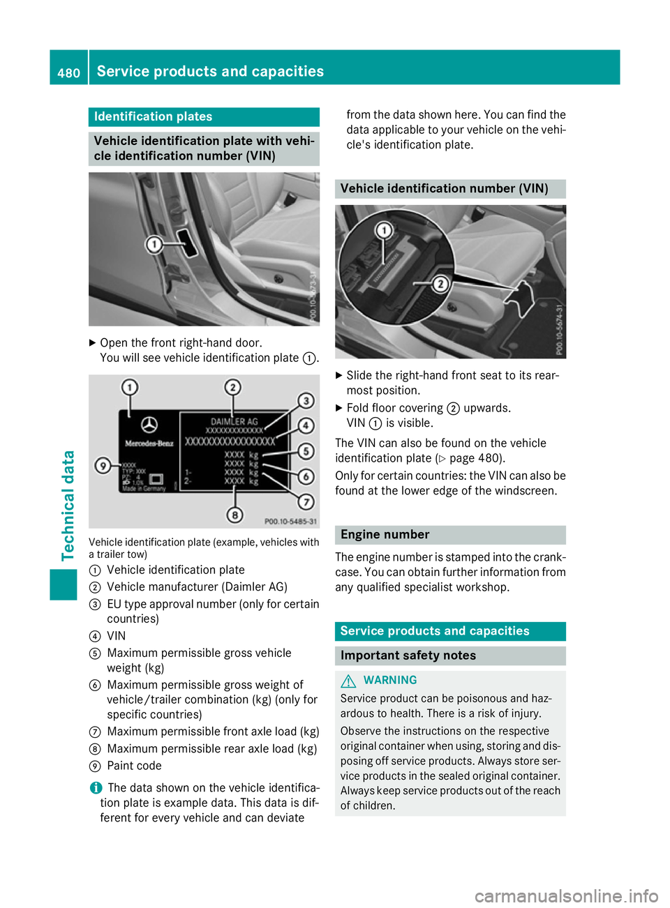 MERCEDES-BENZ GLC SUV 2015  Owners Manual Identification plates
Vehicle identification plate with vehi-
cle identification number (VIN) X
Open the front right-hand door.
You will see vehicle identification plate :.Vehicle identification plate