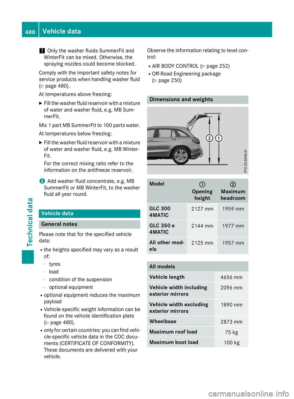 MERCEDES-BENZ GLC SUV 2015 Owners Manual !
Only the washer fluids SummerFit and
WinterFit can be mixed. Otherwise, the
spraying nozzles could become blocked.
Comply with the important safety notes for
service products when handling washer fl MERCEDES-BENZ GLC SUV 2015 Owners Manual !
Only the washer fluids SummerFit and
WinterFit can be mixed. Otherwise, the
spraying nozzles could become blocked.
Comply with the important safety notes for
service products when handling washer fl