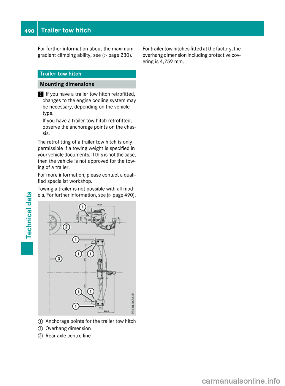 MERCEDES-BENZ GLC SUV 2015 Owners Manual For further information about the maximum
gradient climbing ability, see (Y page 230).Trailer tow hitch
Mounting dimensions
! If you have a trailer tow hitch retrofitted,
changes to the engine cooling MERCEDES-BENZ GLC SUV 2015 Owners Manual For further information about the maximum
gradient climbing ability, see (Y page 230).Trailer tow hitch
Mounting dimensions
! If you have a trailer tow hitch retrofitted,
changes to the engine cooling