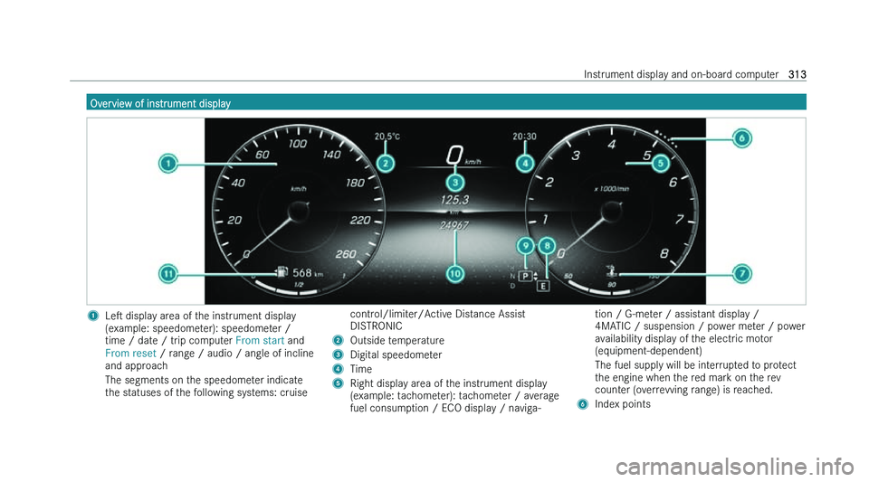 MERCEDES-BENZ GLE COUPE 2022  Owners Manual �O�v�e�r�v�i�e�w� �o�f� �i�n�s�t�r�u�m�e�n�t� �d�i�s�p�l�a�y
�1
�L�es� �d�i�s�p�l�a�y� �a�r�e�a� �o�f� �t�h�e� �i�n�s�t�r�u�m�e�n�t� �d�i�s�p�l�a�y
�(�e�x�a�m�p�l�e�:� �s�p�e�e�d�o�m�e�t�e�r�)�:� �s�