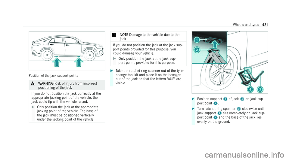 MERCEDES-BENZ GLE COUPE 2022  Owners Manual �P�o�s�i�t�i�o�n� �o�f� �t�h�e� �j�a�c�k� �s�u�p�p�o�r�t� �p�o�i�n�t�s
�&
�W�A�R�N�I�N�G � �R�i�s�k� �o�f� �i�n�j�u�r �y� �f�r�o�m� �i�n�c�o�r�r�e�c�t
�p�o�s�i�t�i�o�n�i�n�g� �o�f� �t�h�e� �j�a�c�k
�I