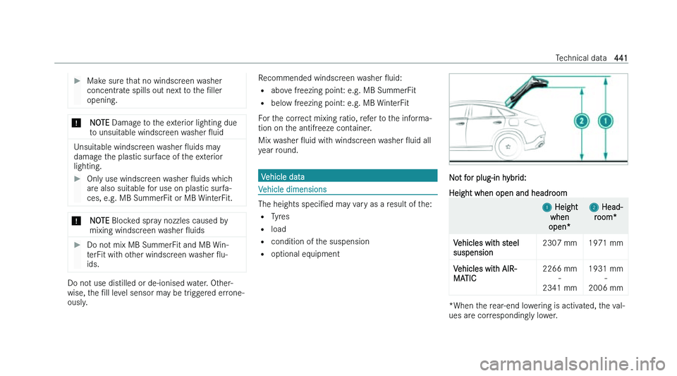 MERCEDES-BENZ GLE COUPE 2022  Owners Manual �
�M�a�k�e� �s�u�r�e� �t�h�a�t� �n�o� �w�i�n�d�s�c�r�e�e�n� �w�a�s�h�e�r
�c�o�n�c�e�n�t�r
�a�t�e� �s�p�i�l�l�s� �o�u�t� �n�e�x�t� �t�o� �t�h�e�  N�l�l�e�r
�o�p�e�n�i�n�g�. �*
�N�O�T�E � �D�a�m�a�g
 