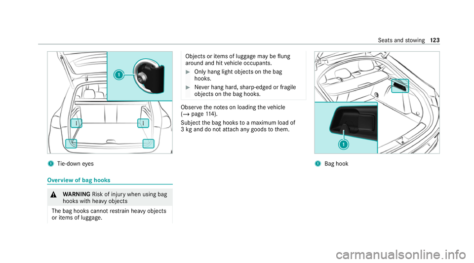 MERCEDES-BENZ GLE COUPE 2021  Owners Manual 1
Tie-down eyes Overview of bag hooks
&
WARNING Risk of injury when using bag
hooks with heavy objects
The bag hooks cannot restra in heavy objects
or items of luggage. Objects or items of luggage may