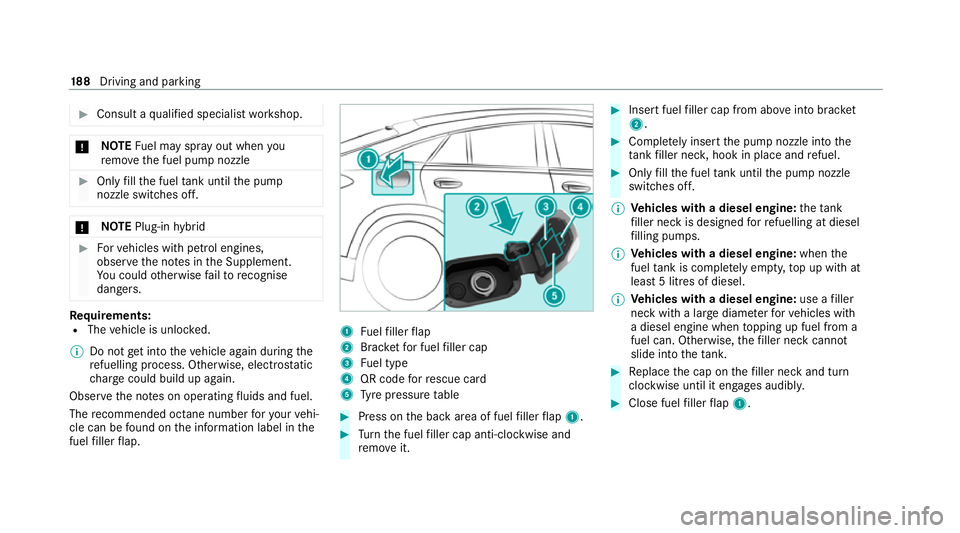 MERCEDES-BENZ GLE COUPE 2021 Owners Manual #
Consult a qualified specialist workshop. *
NO
TEFuel may spr ayout when you
re mo vethe fuel pump nozzle #
Only fill th e fuel tank until the pump
nozzle switches off. *
NO
TEPlug-in hybrid #
Forve MERCEDES-BENZ GLE COUPE 2021 Owners Manual #
Consult a qualified specialist workshop. *
NO
TEFuel may spr ayout when you
re mo vethe fuel pump nozzle #
Only fill th e fuel tank until the pump
nozzle switches off. *
NO
TEPlug-in hybrid #
Forve