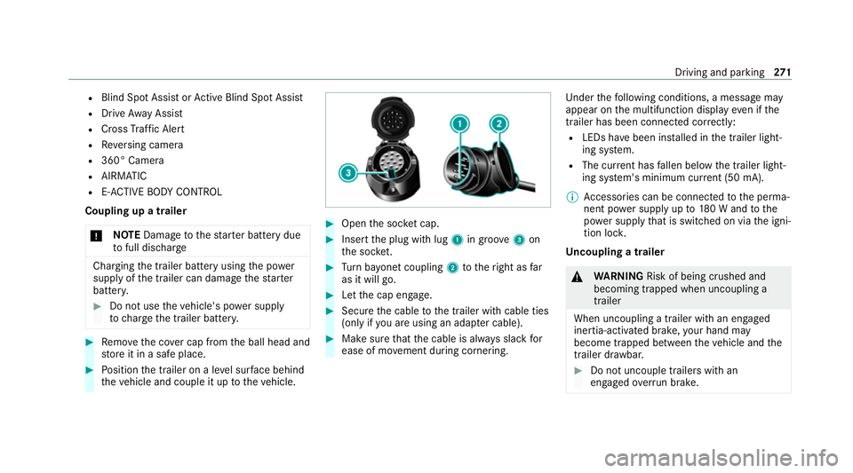 MERCEDES-BENZ GLE COUPE 2021 Owners Manual R
Blind Spot Assi stor Active Blind Spot Assi st
R Drive AwayAssi st
R Cross Traf fic Alert
R Reversing camera
R 360° Camera
R AIRMATIC
R E-AC TIVE BODY CONTROL
Coupling up a trailer
* NO
TEDama geto MERCEDES-BENZ GLE COUPE 2021 Owners Manual R
Blind Spot Assi stor Active Blind Spot Assi st
R Drive AwayAssi st
R Cross Traf fic Alert
R Reversing camera
R 360° Camera
R AIRMATIC
R E-AC TIVE BODY CONTROL
Coupling up a trailer
* NO
TEDama geto