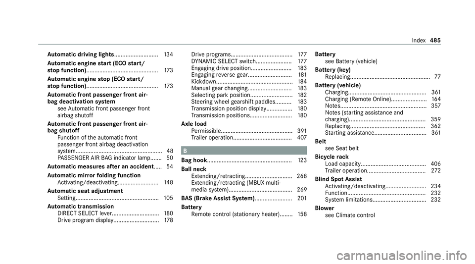 MERCEDES-BENZ GLE COUPE 2021  Owners Manual Au
tomatic driving lights ...........................13 4
Au tomatic engine start (ECO start/
sto p function)............................................ 173
Au tomatic engine stop (ECO start/
sto p f
