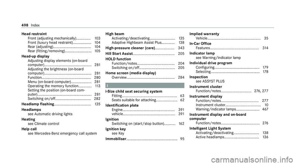 MERCEDES-BENZ GLE COUPE 2021 Owners Manual Head
restra int
Fr ont (adjusting mechanically)..............1 03
Fr ont (luxury head restra int)................. .104
Re ar (adjusting).................................... .104
Re ar (fitting/removi MERCEDES-BENZ GLE COUPE 2021 Owners Manual Head
restra int
Fr ont (adjusting mechanically)..............1 03
Fr ont (luxury head restra int)................. .104
Re ar (adjusting).................................... .104
Re ar (fitting/removi