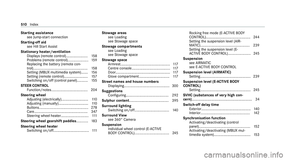 MERCEDES-BENZ GLE COUPE 2021 Owners Manual St
arting assi stance
see Jump -star t connection
St arting-o ffaid
see Hill Start Assist
St ationary heater/ventilation
Displ ays (remo tecontrol)...................... 15 8
Problems (remo tecontrol) MERCEDES-BENZ GLE COUPE 2021 Owners Manual St
arting assi stance
see Jump -star t connection
St arting-o ffaid
see Hill Start Assist
St ationary heater/ventilation
Displ ays (remo tecontrol)...................... 15 8
Problems (remo tecontrol)