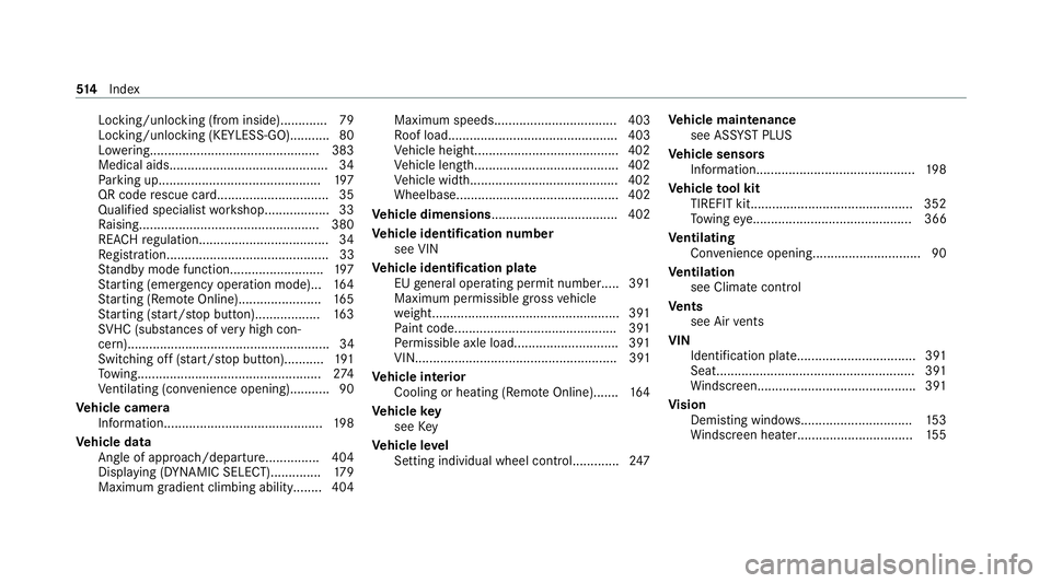 MERCEDES-BENZ GLE COUPE 2021 Owners Manual Locking/unlocking (from inside
)............. 79
Locking/unlocking (KEYLESS-GO )........... 80
Lo we ring............................................... 383
Medical aids............................... MERCEDES-BENZ GLE COUPE 2021 Owners Manual Locking/unlocking (from inside
)............. 79
Locking/unlocking (KEYLESS-GO )........... 80
Lo we ring............................................... 383
Medical aids...............................