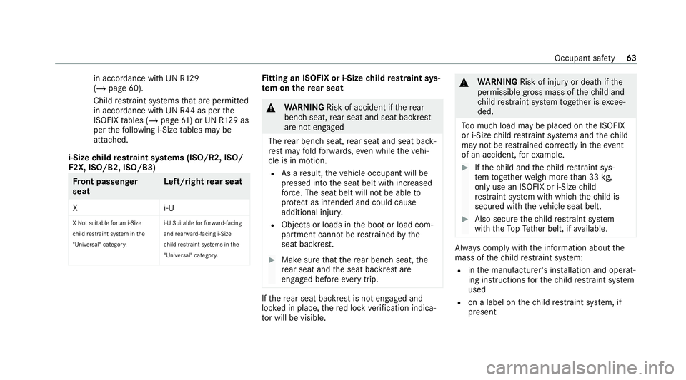 MERCEDES-BENZ GLE COUPE 2021 Repair Manual in accordance with UN R129
(/
page 60).
Child restra int sy stems that are permit ted
in accordance with UN R44 as per the
ISOFIX tables (/ page61) or UN R129 as
per thefo llowing i‑Size tables may 
