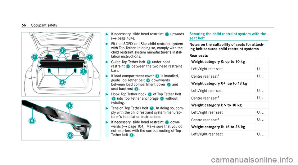 MERCEDES-BENZ GLE COUPE 2021 Repair Manual #
If necessar y,slide head restra int 1 upwards
(/ page 104). #
Fitthe ISOFIX or i‑Size child restra int sy stem
with TopTe ther. In doing so, comply with the
ch ild restra int sy stem manufacturer&