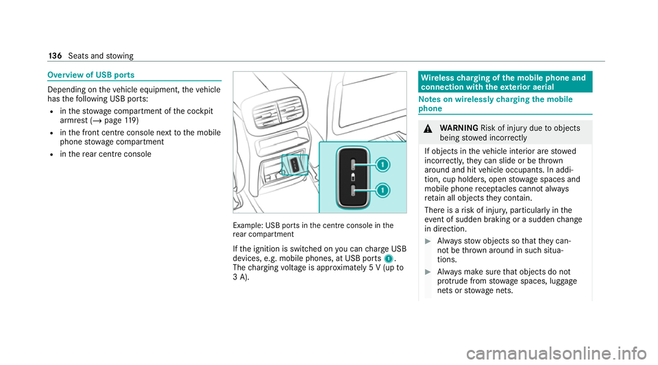 MERCEDES-BENZ GLE COUPE 2020 Owners Manual Overview of USB ports
Depending on
theve hicle equipment, theve hicle
has thefo llowing USB ports:
R inthestow age compartment of the cockpit
armrest (/ page119)
R inthe front cent reconsole next toth MERCEDES-BENZ GLE COUPE 2020 Owners Manual Overview of USB ports
Depending on
theve hicle equipment, theve hicle
has thefo llowing USB ports:
R inthestow age compartment of the cockpit
armrest (/ page119)
R inthe front cent reconsole next toth