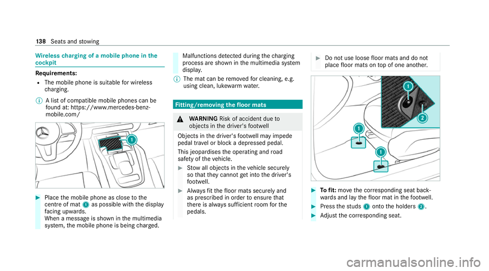 MERCEDES-BENZ GLE COUPE 2020 Owners Manual Wire
lesscharging of a mobile phone in the
cockpit Re
quirements:
R The mobile phone is suitable for wireless
ch arging.
% A list of compatible mobile phones can be
found at: https://www.mercedes-benz MERCEDES-BENZ GLE COUPE 2020 Owners Manual Wire
lesscharging of a mobile phone in the
cockpit Re
quirements:
R The mobile phone is suitable for wireless
ch arging.
% A list of compatible mobile phones can be
found at: https://www.mercedes-benz