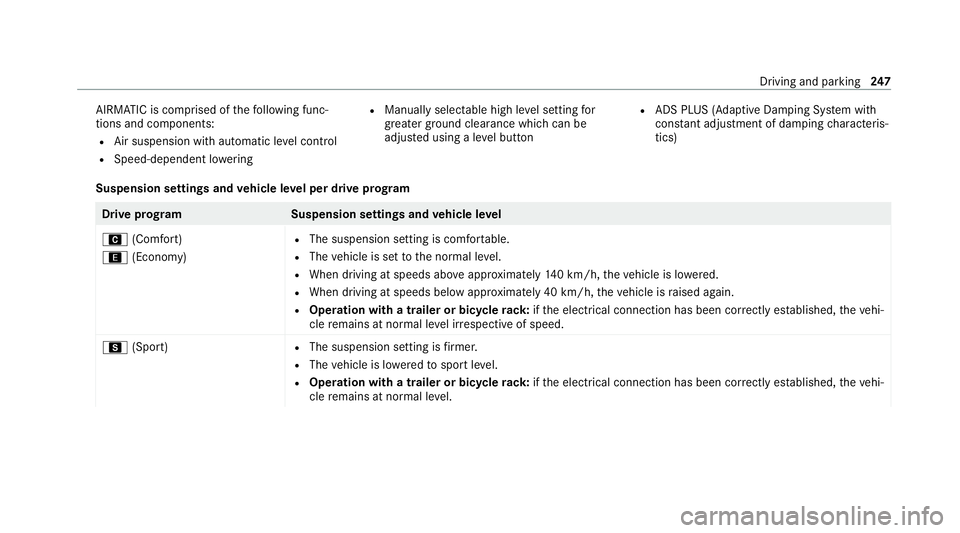 MERCEDES-BENZ GLE COUPE 2020  Owners Manual AIRMATIC is comprised of
thefo llowing func‐
tions and components:
R Air suspension with automatic le vel control
R Speed-dependent lo wering R
Manually selectable high le vel setting for
grea ter g