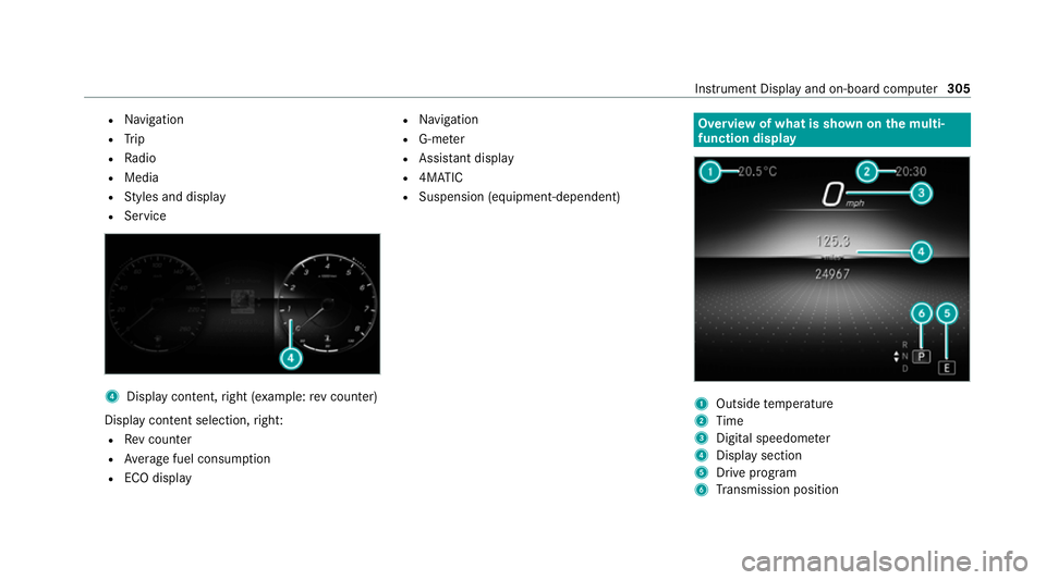 MERCEDES-BENZ GLE COUPE 2020 Owners Manual R
Navigation
R Trip
R Radio
R Media
R Styles and display
R Service 4
Display conte nt,right (e xamp le:rev counter)
Display content selection, right:
R Rev counter
R Average fuel consum ption
R ECO di MERCEDES-BENZ GLE COUPE 2020 Owners Manual R
Navigation
R Trip
R Radio
R Media
R Styles and display
R Service 4
Display conte nt,right (e xamp le:rev counter)
Display content selection, right:
R Rev counter
R Average fuel consum ption
R ECO di