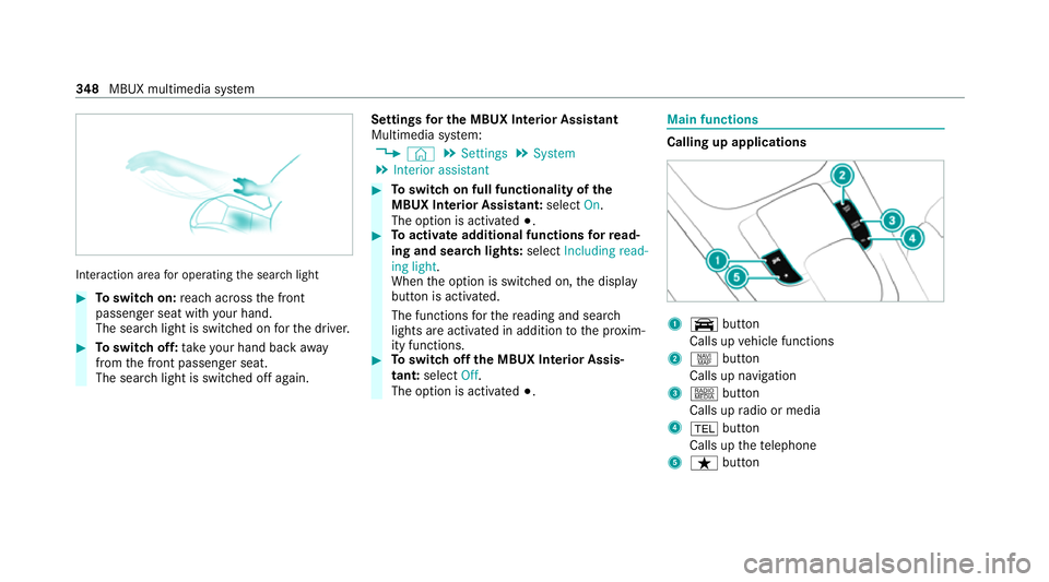 MERCEDES-BENZ GLE COUPE 2020 Owners Manual Interaction area
for operating the sear chlight #
Toswitch on: reach across the front
passenger seat with your hand.
The sear chlight is switched on forth e driver. #
Toswitch off: take your hand back MERCEDES-BENZ GLE COUPE 2020 Owners Manual Interaction area
for operating the sear chlight #
Toswitch on: reach across the front
passenger seat with your hand.
The sear chlight is switched on forth e driver. #
Toswitch off: take your hand back