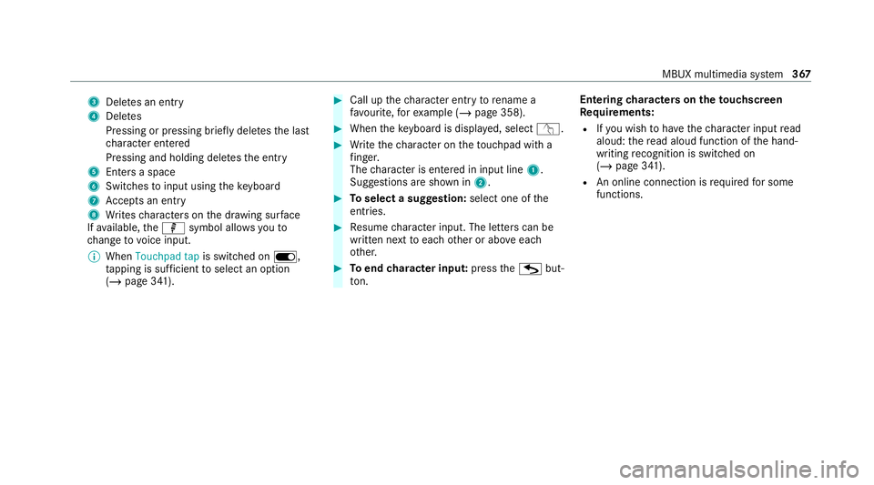 MERCEDES-BENZ GLE COUPE 2020 Owners Manual 3
Deletes an entry
4 Deletes
Pressing or pressing brief lydele testh e last
ch aracter entered
Pressing and holding dele testh e entry
5 Enters a space
6 Switches toinput using theke yboard
7 Accepts MERCEDES-BENZ GLE COUPE 2020 Owners Manual 3
Deletes an entry
4 Deletes
Pressing or pressing brief lydele testh e last
ch aracter entered
Pressing and holding dele testh e entry
5 Enters a space
6 Switches toinput using theke yboard
7 Accepts