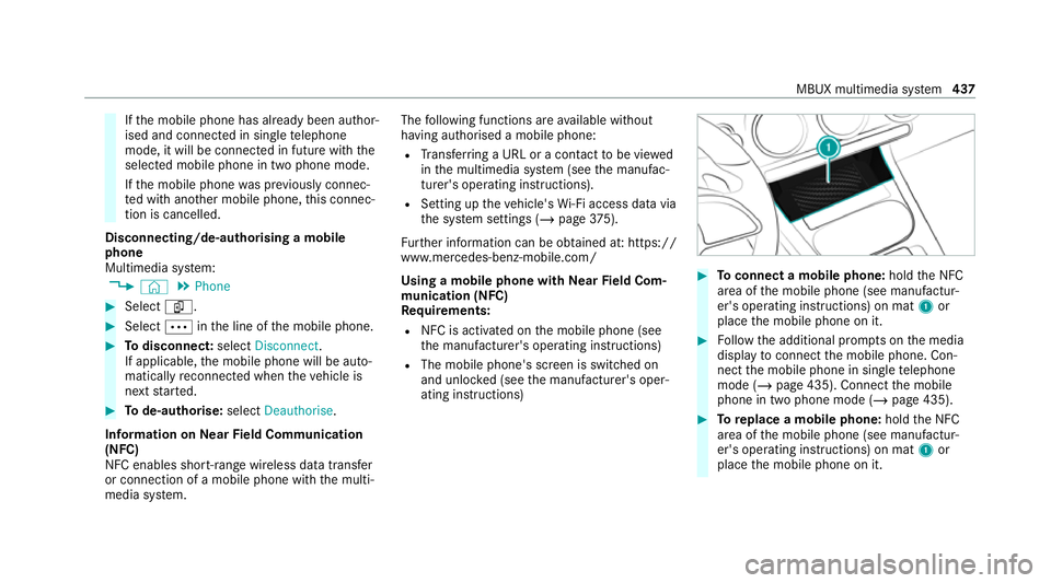 MERCEDES-BENZ GLE COUPE 2020 Owners Manual If
th e mobile phone has already been author‐
ised and connected in single telephone
mode, it will be connec ted in future with the
selected mobile phone in two phone mode.
If th e mobile phone was MERCEDES-BENZ GLE COUPE 2020 Owners Manual If
th e mobile phone has already been author‐
ised and connected in single telephone
mode, it will be connec ted in future with the
selected mobile phone in two phone mode.
If th e mobile phone was