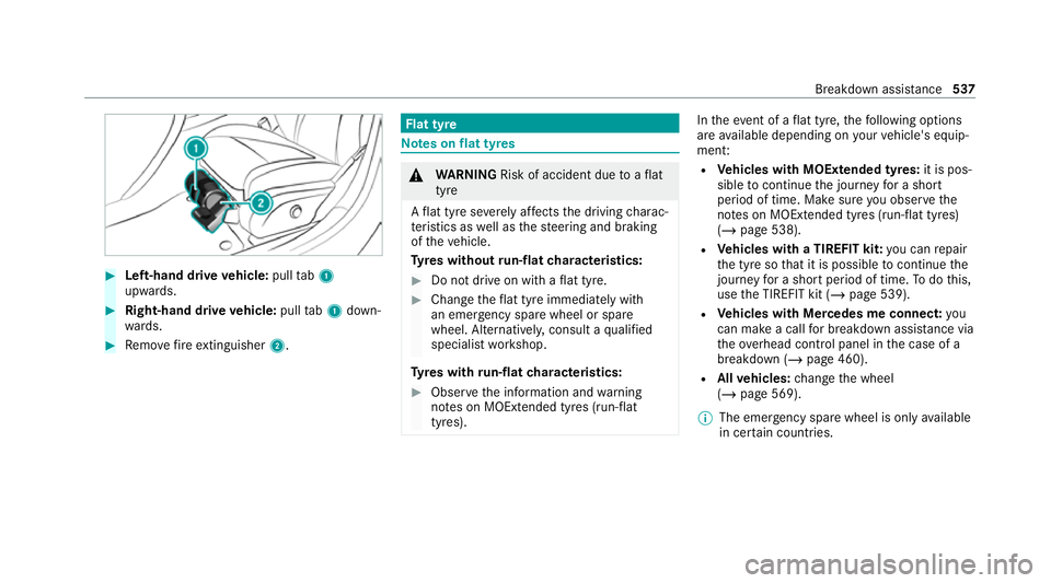 MERCEDES-BENZ GLE COUPE 2020 Owners Manual #
Left-hand drive vehicle: pulltab1
upwards. #
Right-hand drive vehicle: pulltab1 down‐
wa rds. #
Remo vefire extinguisher 2. Flat tyre
Note
s onflat tyres &
WARNING Risk of accident due toaflat
tyr MERCEDES-BENZ GLE COUPE 2020 Owners Manual #
Left-hand drive vehicle: pulltab1
upwards. #
Right-hand drive vehicle: pulltab1 down‐
wa rds. #
Remo vefire extinguisher 2. Flat tyre
Note
s onflat tyres &
WARNING Risk of accident due toaflat
tyr
