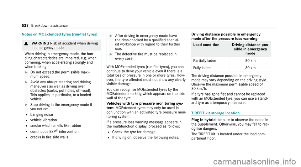 MERCEDES-BENZ GLE COUPE 2020  Owners Manual Note
s on MOExtended tyres (run-flat tyres) &
WARNING Risk of accident when driving
in eme rgency mode
When driving in emer gency mode, the han‐
dling characteristics are impaired. e.g. when
corneri