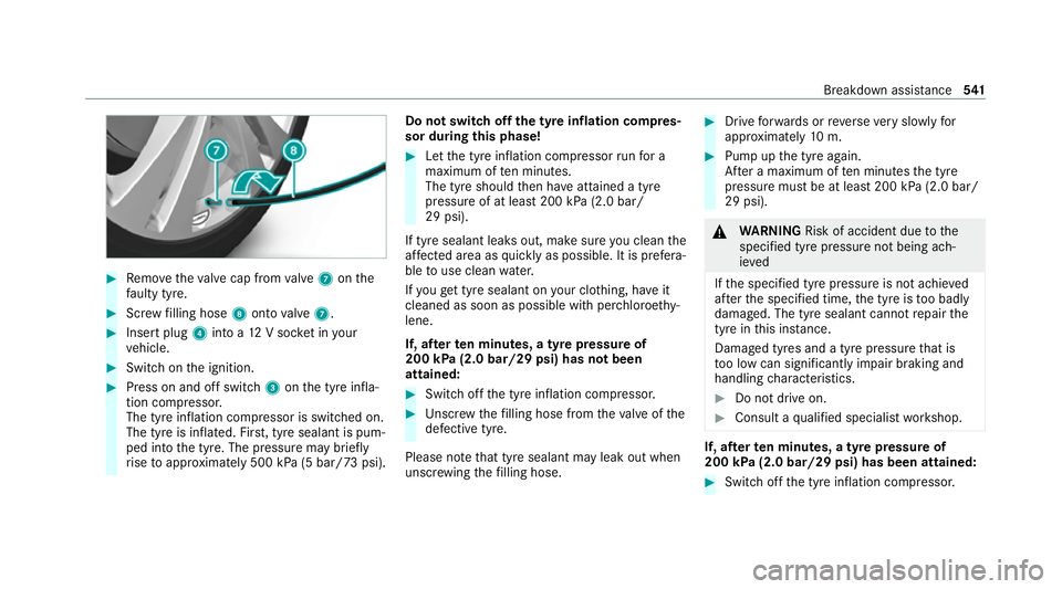 MERCEDES-BENZ GLE COUPE 2020  Owners Manual #
Remo vetheva lve cap from valve 7 onthe
fa ulty tyre. #
Screw filling hose 8onto valve 7. #
Insert plug 4into a 12V soc ket in your
ve hicle. #
Switch on the ignition. #
Press on and off switch 3ont