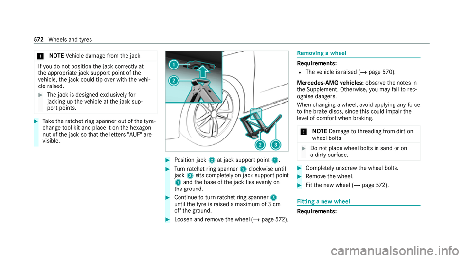 MERCEDES-BENZ GLE COUPE 2020  Owners Manual *
NO
TEVehicle damage from the jack If
yo u do not position the jack cor rectly at
th e appropriate jack support point of the
ve hicle, the jack could tip over with theve hi‐
cle raised. #
The jack 