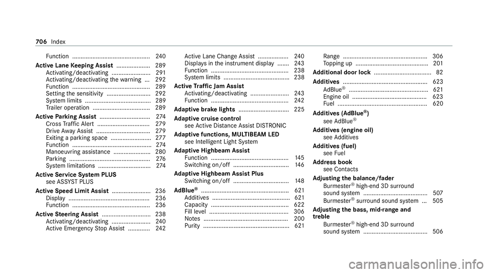 MERCEDES-BENZ GLE COUPE 2020  Owners Manual Fu
nction .............................................. 24 0
Ac tive Lane Keeping Assist .................... 289
Ac tivating/deactivating ...................... .291
Ac tivating/deactivating thewa r